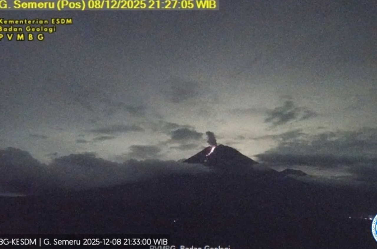 Gunung Semeru kembali erupsi dengan tinggi letusan 1.000 meter di atas puncak dan disertai luncuran lava pijar pada Senin (08/12/2025) malam kemarin. SP/ LMJ