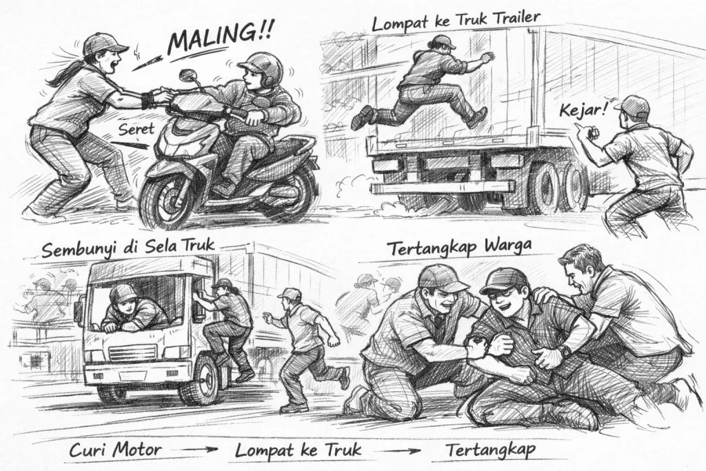 Nekat Curi Motor di Gresik, Pria Asal Surabaya Lompat ke Truk Trailer hingga Ditangkap Warga
