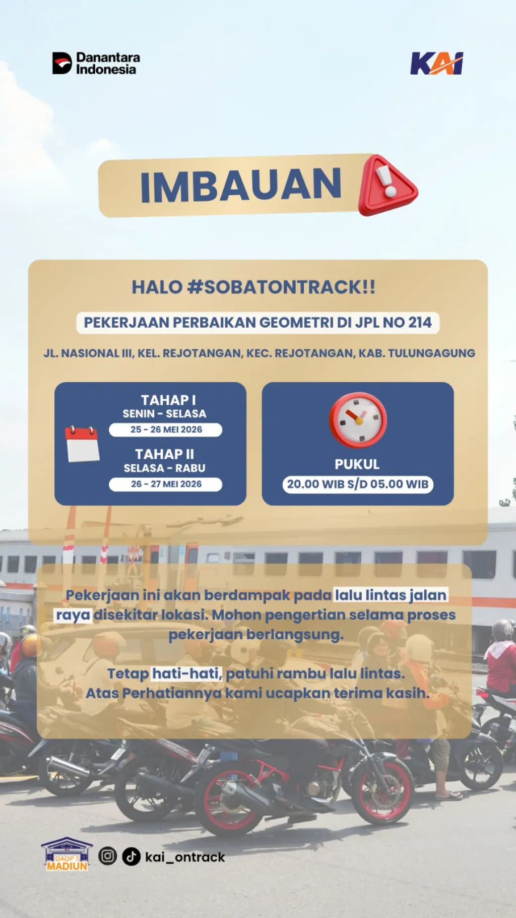 KAI Daop 7 Madiun Lakukan Perbaikan Geometri Perlintasan di Rejotangan Tulungagung