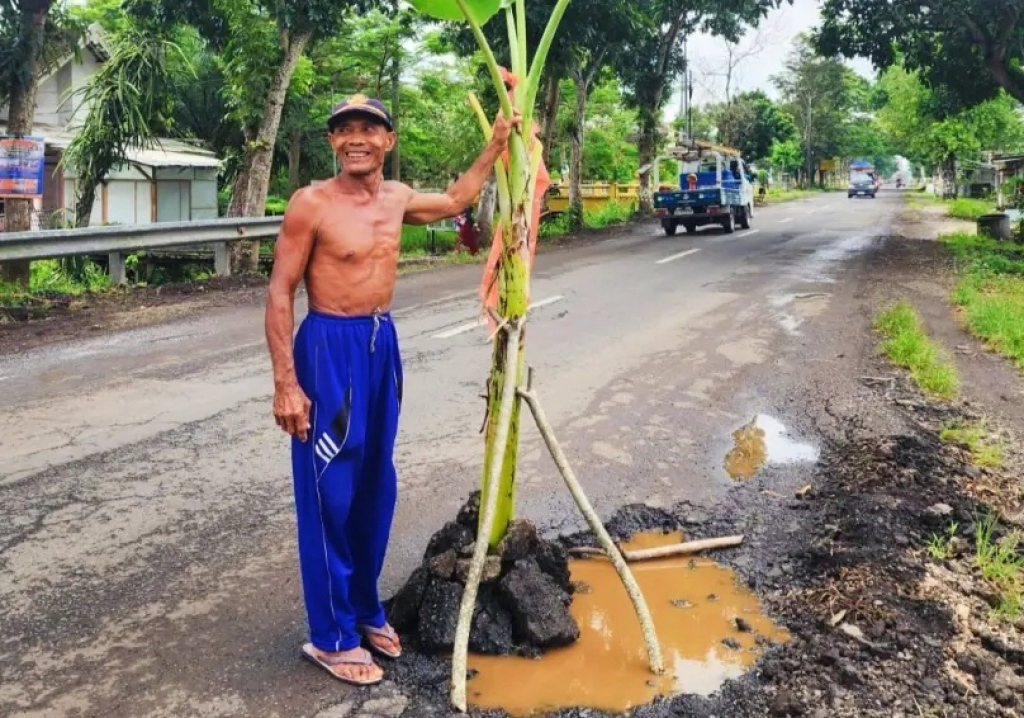 Salah seorang warga yang menunjukkan salah satu tanaman pisang ditanam di jalan sebagai wujud protes karena jalanan yang rusak. SP/ JBR