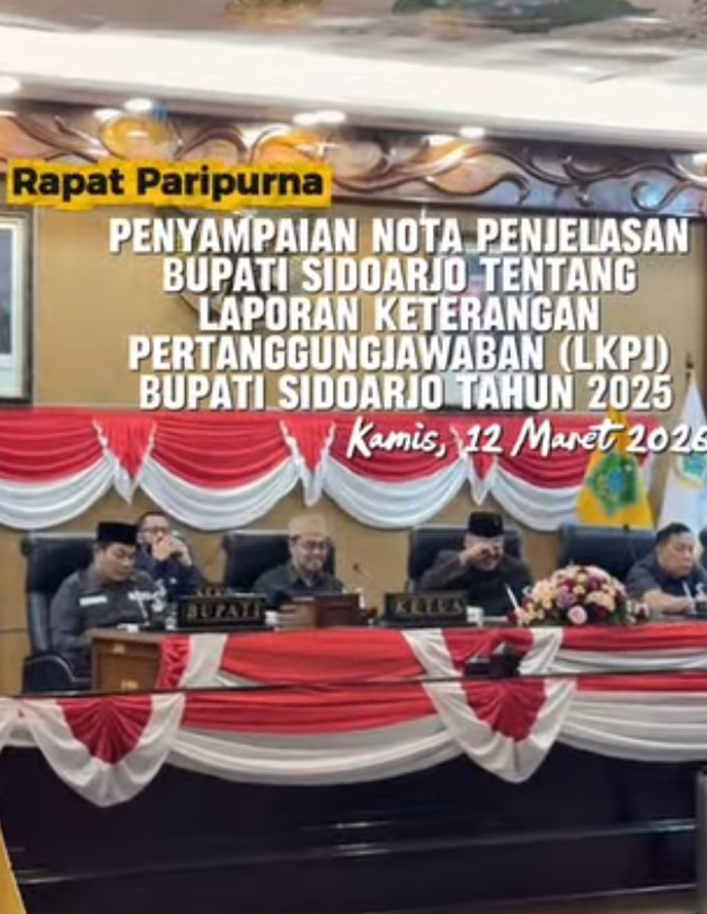 Sidang paripurna penyampaian rekomendasi Laporan Keterangan Pertanggungjawaban (LKPJ) Bupati Sidoarjo Tahun Anggaran 2025, kembali digelar DPRD Kabupaten Sidoarjo, Kamis (16/4/2026). SP/ HIKMAH