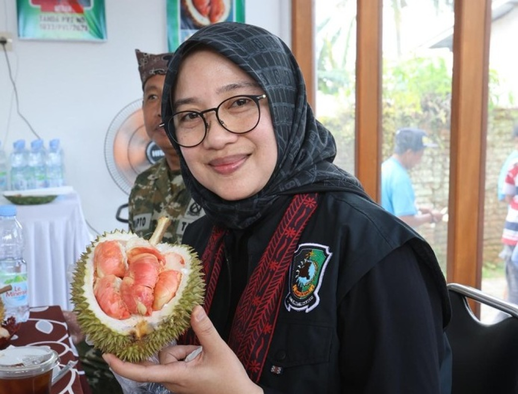 Bupati Ipuk mencicipi durian merah khas Songgon Banyuwangi, Jawa Timur. SP/ BYW