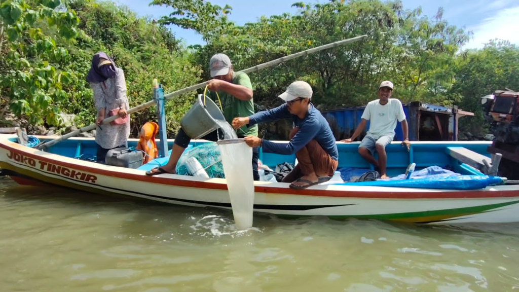 Tim Susur Pesisir Ecoton saat mengambil sampel air laut pesisir reklamasi di kawasan JIIPE. SP/Maidid