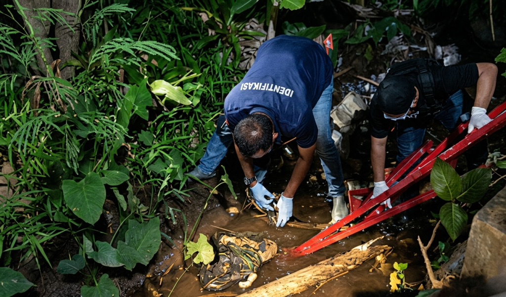Petugas Inafis Polres Ponorogo saat mengevakuasi jasad bayi yang diduga hasil hubungan gelap ( hugel). 