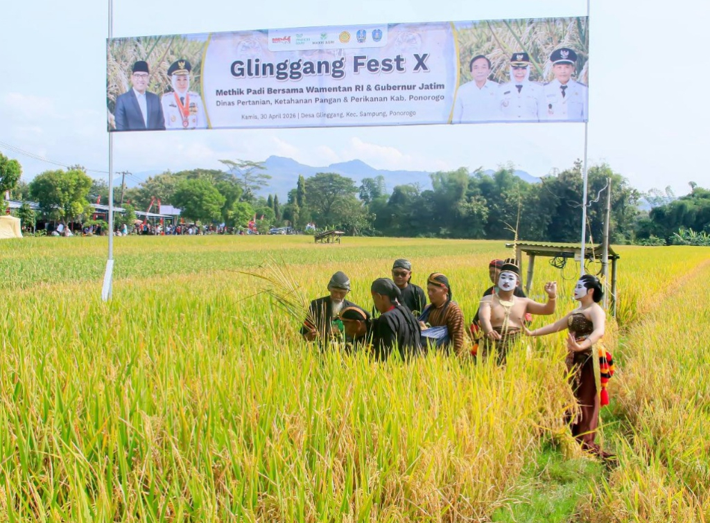 Plt Bupati Ponorogo Lisdyarita turun langsung ke sawah menandai panen raya padi di Desa Glinggang Kecamatan Sampung. SP/ PNG