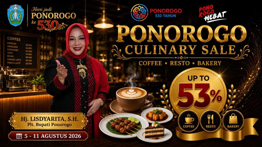 Pemkab Ponorogo menggelar program Culinary Sale diskon 53 peresen untuk menyambut Hari Jadi Ponorogo yang jatuh pada 11 Agutus. 