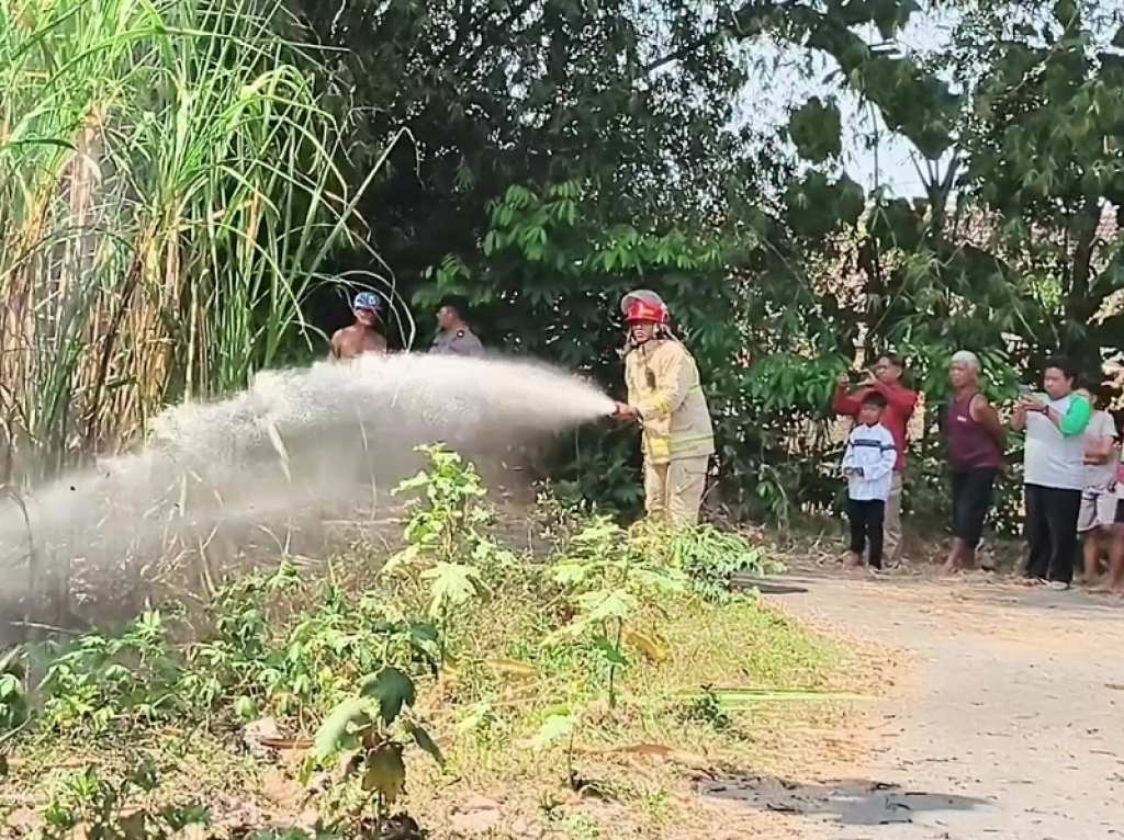 Petugas Satpol PP dan Damkar Kabupaten Magetan saat memadamkan api di tepian lahan tebu. SP/ MGT