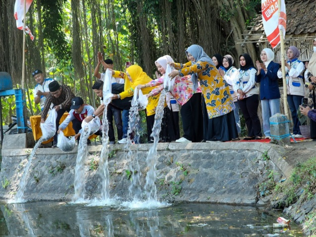 Ketua TP PKK Kabupaten Lumajang, Dewi Natalia Yudha Adji Kusuma ikut menebar 15.000 bibit ikan gurami, nila, dan monosek ditebar di kawasan Rowosumo, Desa Wonokerto. SP/LMJ