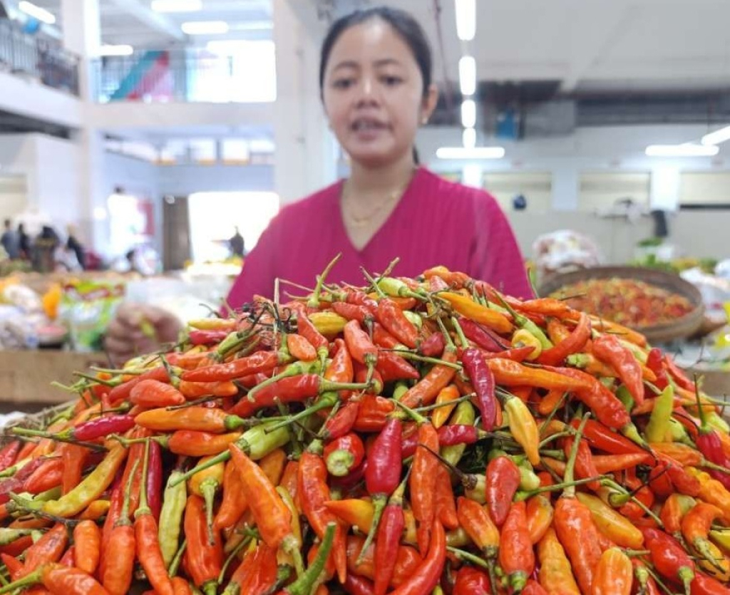 Pedagang di Pasar Legi Ponorogo, Suprihatin saat memilah cabai rawit. SP/ PNG