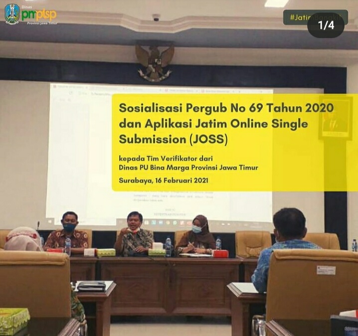 Sosialisasi Pergub No 69 Tahun 2020 dan aplikasi Jatim online single submission (JOSS). SP/ Arf