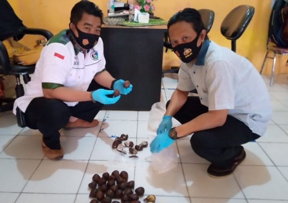 Satreskoba Polres Jombang saat mengamankan barang bukti pil dobel L dari Lapas IIB Jimbang. (SP/M. Yusuf) 
