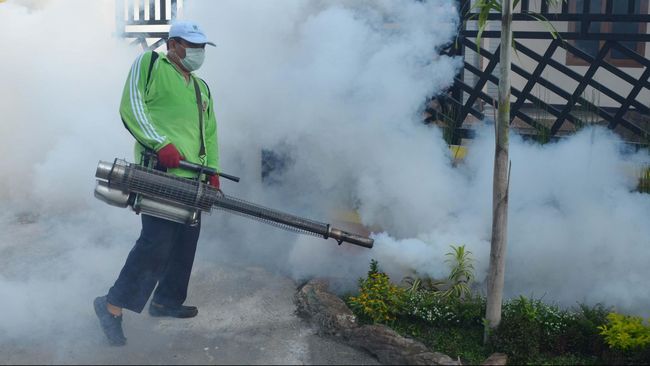 Seorang petugas melakukan pengasapan (fogging) untuk membasmi nyamuk aedes aegypti. SP/CIN