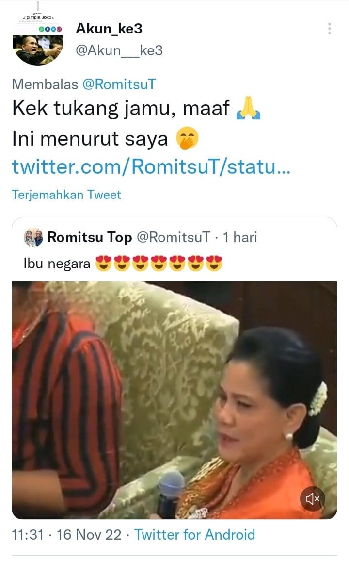 Cuitan dari @Akun_ke3 yang dinilai menghina Ibu Negara, Iriana. SP/Twitter