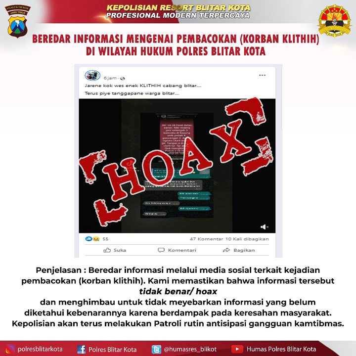 Klarifikasi terkait berita hoax yang menyebar di wilayah Blitar. SP/Blitar