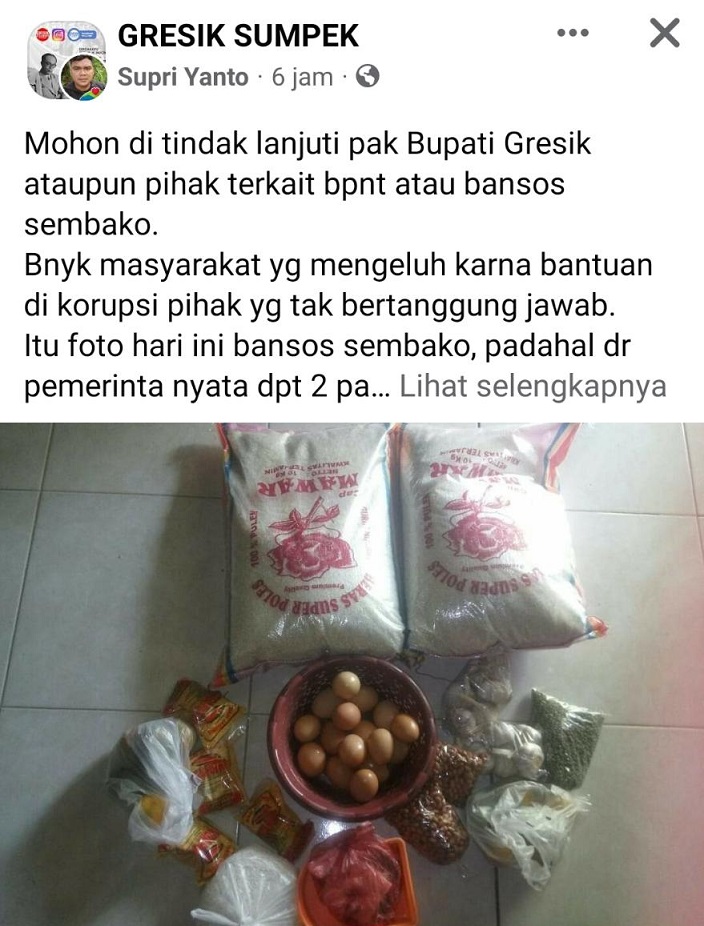 Keluhan seorang netizen bernama Supri Yanto mengenai pembagian bansos program BPNT yang dia unggah di salah satu akun media sosial di Gresik. FOTO: SP/Grs.