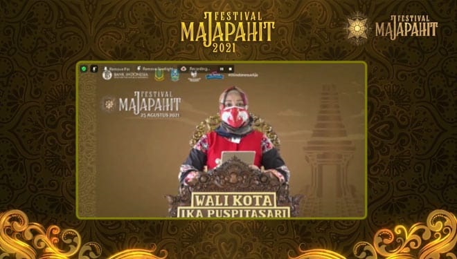 Wali Kota Ning Ita saat memberi sambutan virtual di Majapahit Festival 2021, Rabu (25/8/2021). SP/Dwy Agus Susanti