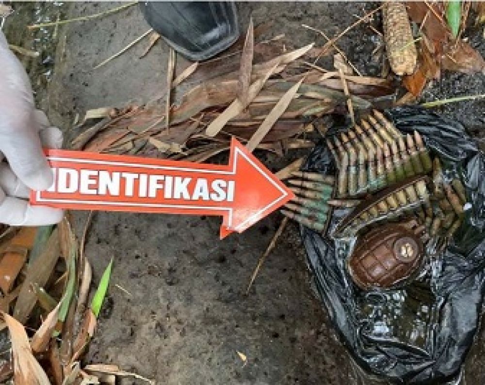 Granat nanas dan puluhan amunisi yang ditemukan terkubur di tepi sungai. 