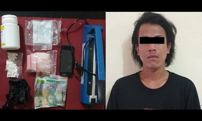 Barang bukti dan pelaku saat diamankan polisi. 