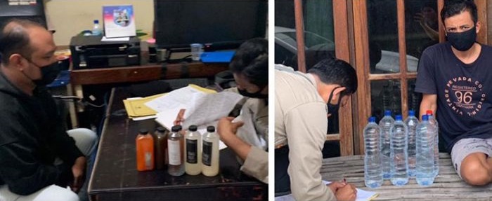 Kolase kedua tersangka dan barang bukti miras. 