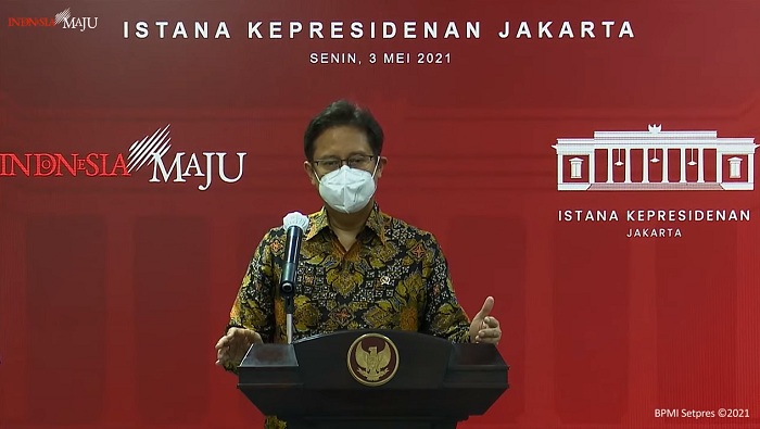 Menkes Budi Gunadi Sadikin dalam siaran langsung konferensi pers yang ditayangkan YouTube Sekretariat Presiden. Senin (3/5). SP/ YouTube Sekretariat Presiden