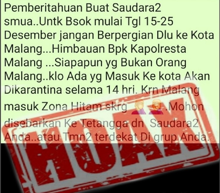 Tangkapan layar pesan berantai di media sosial larangan ke Kota Malang. SP/ DECOM