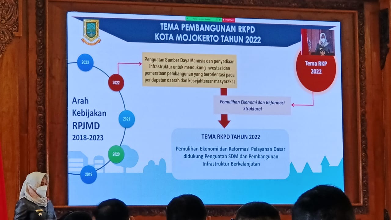 Wali Kota Mojokerto, Ning Ita saat menyampaikan evaluasi capaian pembangunan dalam Musrenbang RKPD tahun 2022. SP/Dwy Agus Susanti
