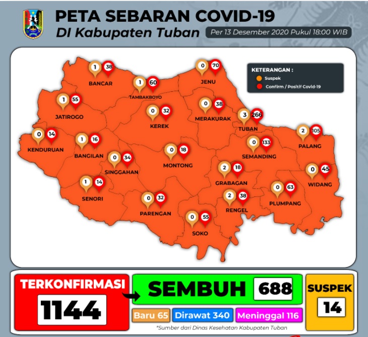 Peta sebaran Covid-19 di Kabupaten Tuban. SP/ BJ