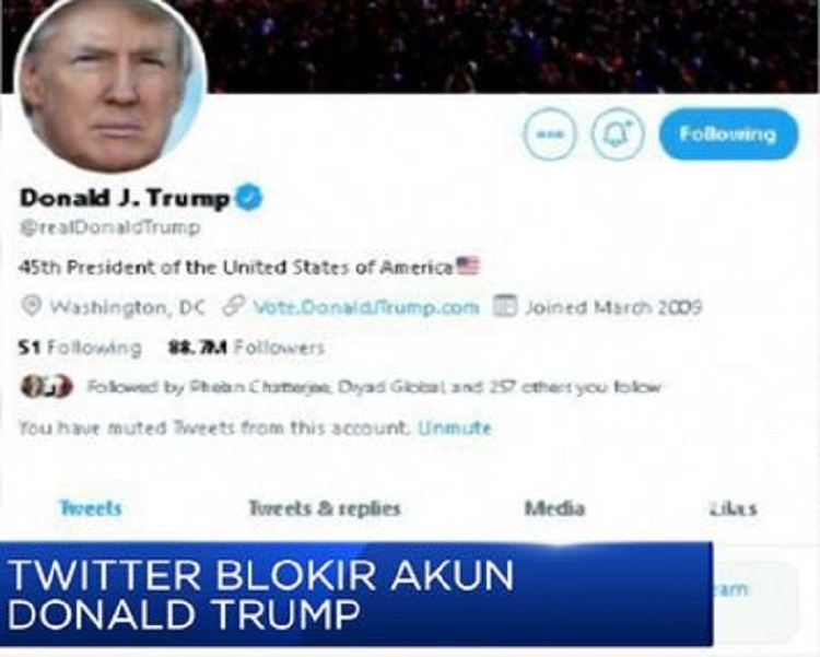 Akun twitter milik Donald Trump yang diblokir oleh Twitter. SP/ DECOM