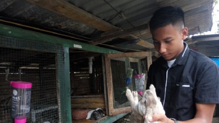 Aditya Andriansyah saat mengurusi kelinci di halaman belakang rumahnya. SP/ MDN