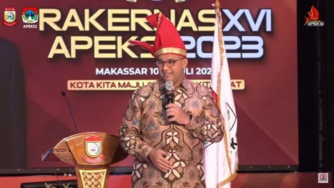Bacapres Anies Baswedan saat membahas soal IKN di sela-sela Rakernas Apeksi XVI di Makassar, Kamis (13/7/2023).