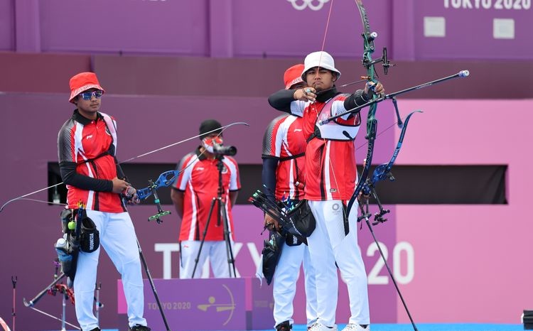 Skuad panahan Indonesia yang terdiri dari terdiri dari Riau Ega Agatha Salsabila, Arif Pangestu, dan Alviyanto Bagas Prastyadi. SP/ NOC