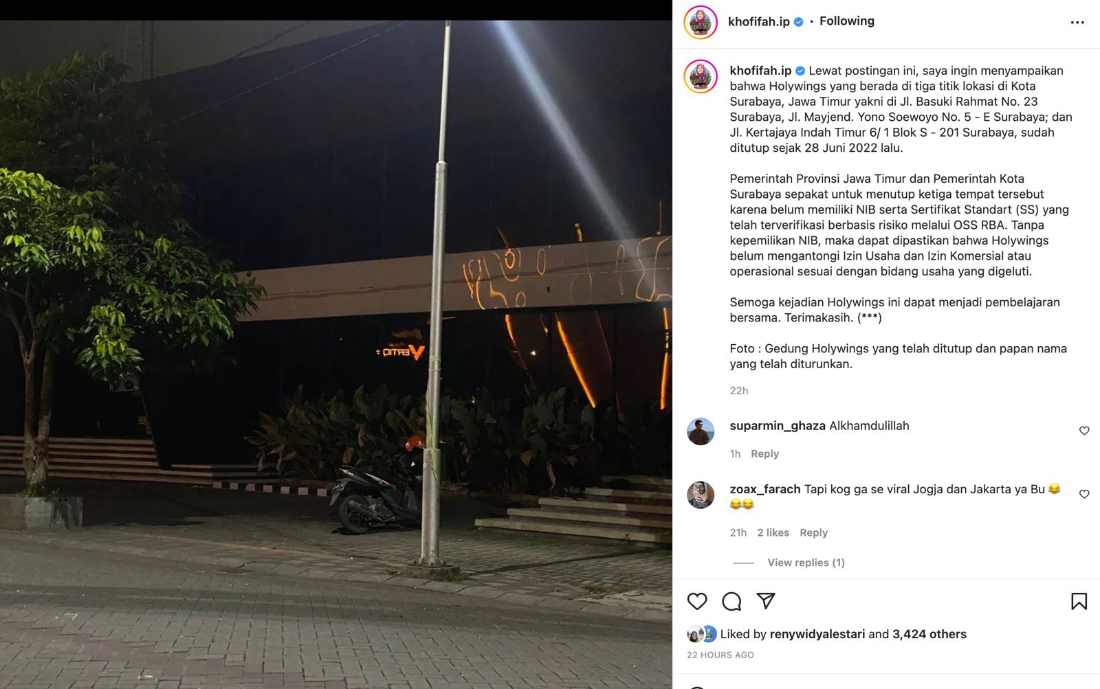 Gedung Holywings di daerah Basuki Rahmat yang diunggah akun Gubernur Jatim Khofifah Indar Parawansa, kemarin, yang menyebutkan bahwa aktivitas telah dihentikan dan papan nama telah diturunkan.
(Foto: Sp/tangkap layar instagram @khofifah.ip)