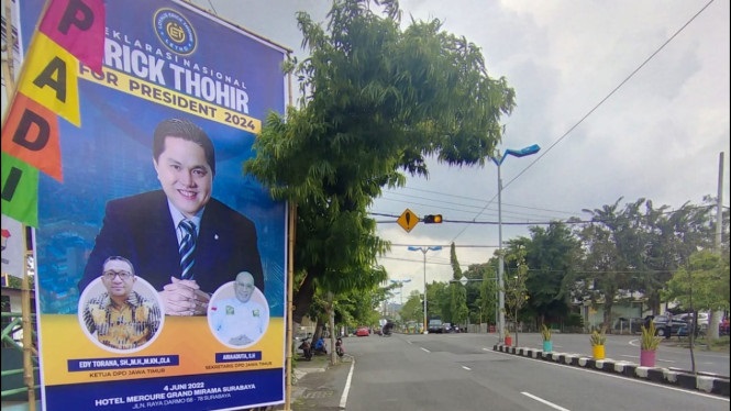 Salah satu baliho pencapresan Erick Thohir yang dipasang oleh tim relawan Erick Thohir di Surabaya, pada Juni 2022 lalu.