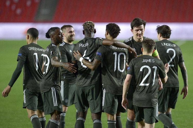 Manchester United merayakan gol Marcus Rashford dalam pertandingan Granada vs Man United. SP/ SBY