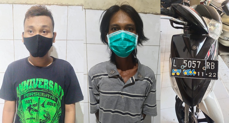 Kedua Tersangka diamankan beserta satu sepeda motor Yamaha Mio di Polsek Kenjeran. SP/ANGGADIA MUHAMMAD
