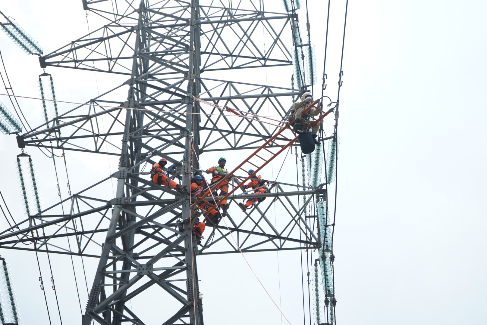Personel Pekerjaan Dalam Keadaan Bertegangan (PDKB) melakukan pemeliharaan di Tower 08 B SUTT Bangil, New Porong 150 kV, Kamis (9/3/2023). Sp/Arlana