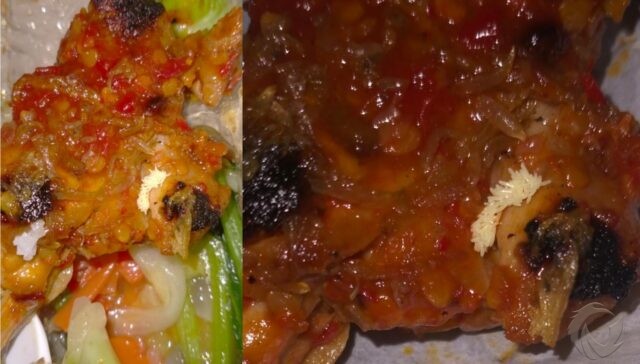 Potongan olahan daging ayam yang sudah berbelatung yang ditemukan dalam nasi kotak jatah para karantinawan di Wisma Atlet KONI, Situbondo.