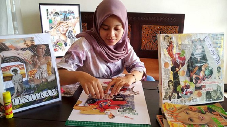 Salsabila Dhita Nurani saat menyusun karya seni collage art dari majalah bekas. SP/ TLG