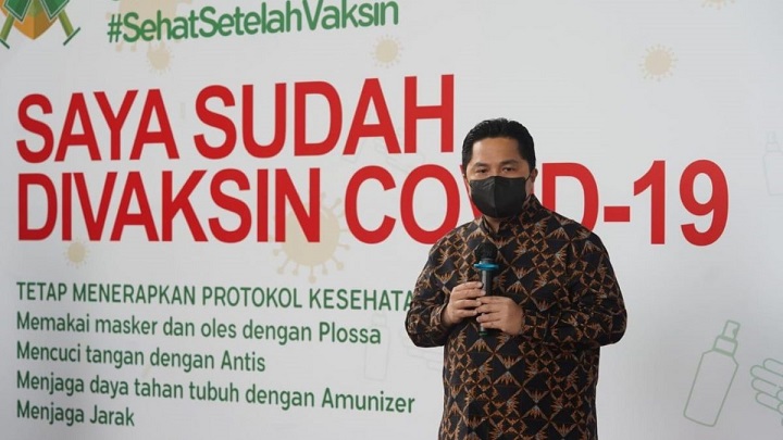 Erick Thohir saat memberikan penjelasan saat program vaksinasi Covid-19, di Jakarta, kemarin. SP/Sur