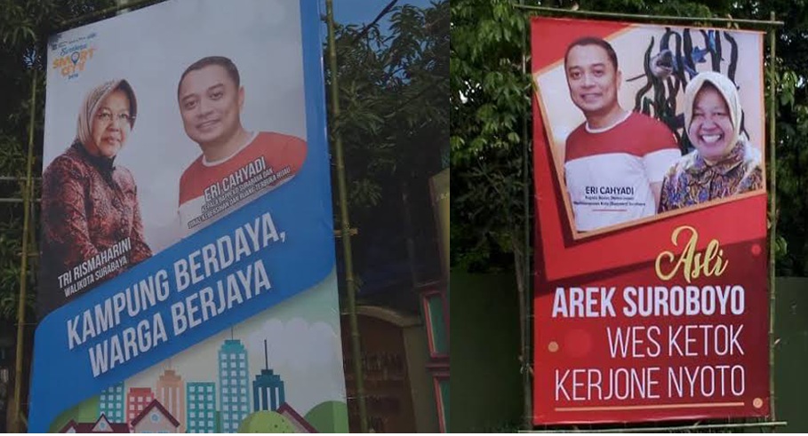 Alat Peraga Kampanye dan Bahan Kampanye paslon nomor urut 1 Eri Cahyadi – Armuji yang memuat gambar walikota Surabaya Tri Rismaharini. SP/BYTA