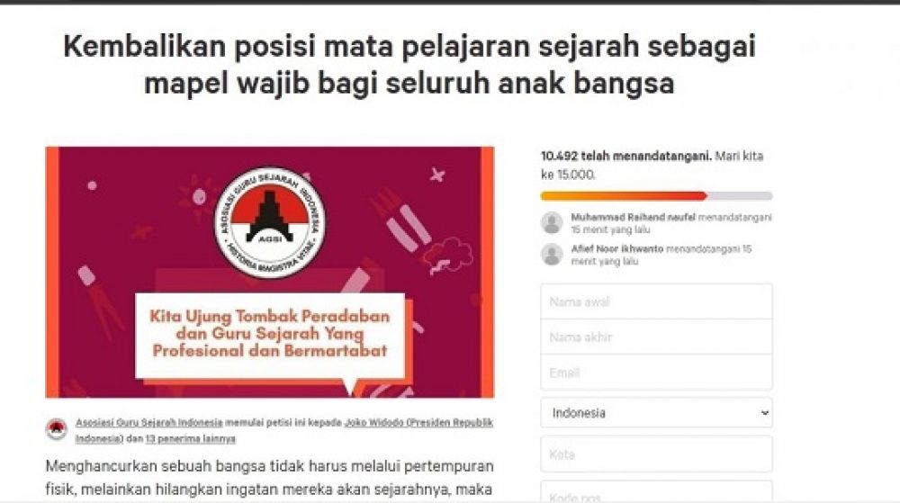 Petisi di laman change.org yang dibuat oleh Asosiasi Guru Sejarah Indonesia (AGSI) yang meminta pelajaran sejarah dikembalikan.