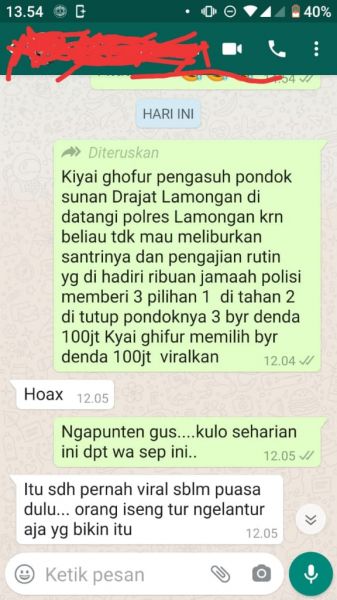 Ini adalah screnshoot isi broadcast yang menyudutkan kiai Ghofur, yang menyebar melalui media sosial.

FOTO:SP/MUHAJIRIN KASRUN
