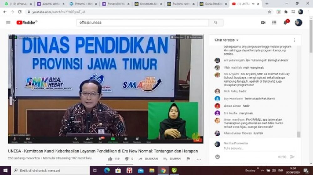 Webinar Nasional Seri 3 dengan tema “Kemitraan Kunci Keberhasilan Layanan Pendidikan Di Era New Normal: Tantangan dan Harapan” yang diselenggarakan oleh Bidang Perencanaan dan Kerjasama Universitas Negeri Surabaya.SP/BYTA