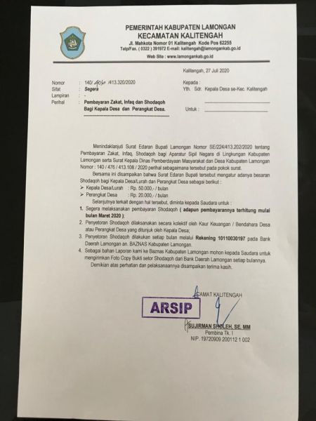 Surat tindaklanjut SE Bupati dan Surat dari Kadis PMD, dari salah satu Camat di Lamongan ini beredar luas. 

FOTO:SP/IST

