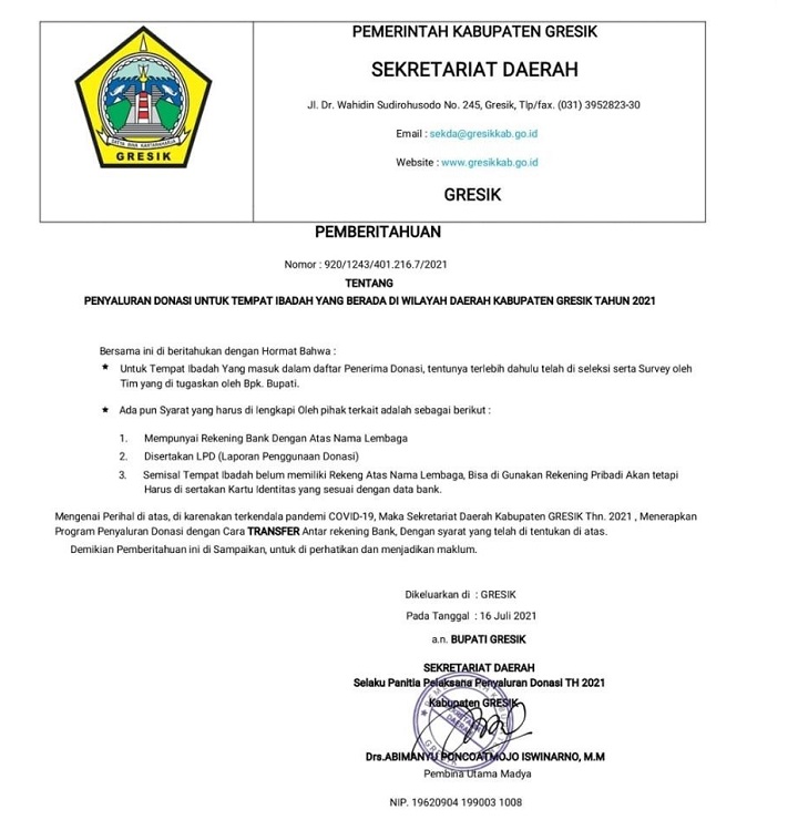 Surat pemberitahuan palsu yang mencatut nama Pj Sekda Gresik