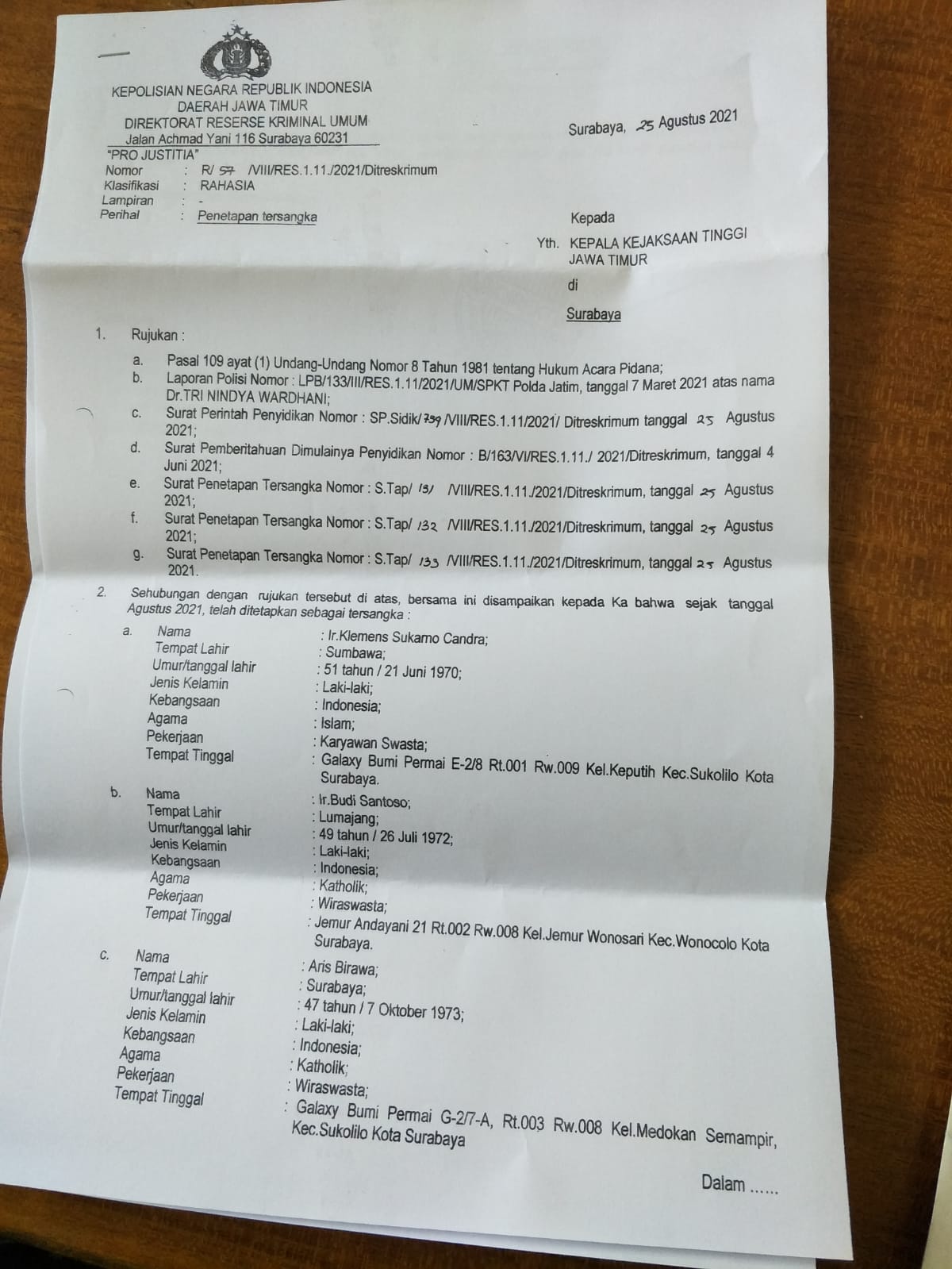Surat keterangan terhadap tiga direksi Sipoa yang ditetapkan tersangka oleh Subdit Hardabangta Minggu (29/8/2021).