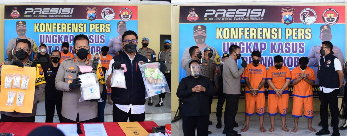 Satresnarkoba Polresta Sidoarjo amankan tiga pengedar sabu jaringan Bali beserta barang bukti.