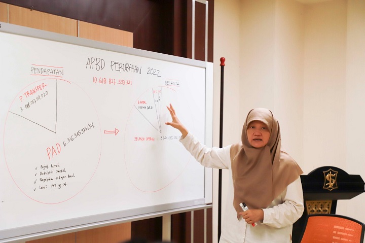 Wakil Ketua DPRD Surabaya Reni Astuti saat menerangkan rincian Anggaran RAPBD Perubahan Tahun 2022 kepada awak media di Ruangan Badan Anggaran DPRD Surabaya, Senin, (27/9). 