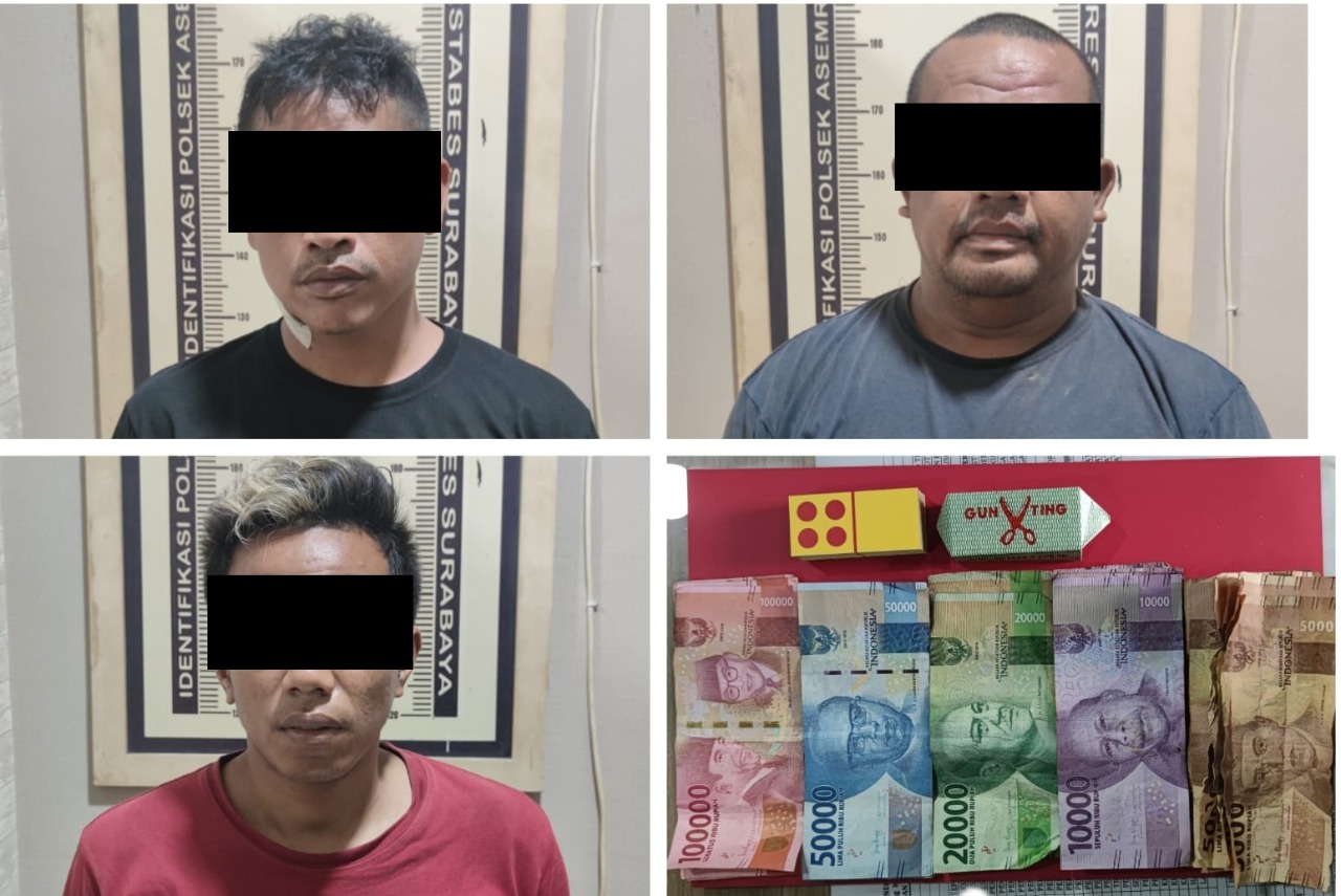 Tiga tersangka judi domino dan barang bukti yang berhasil diamankan oleh Polsek Asemrowo Surabaya. SP/Ariandi.