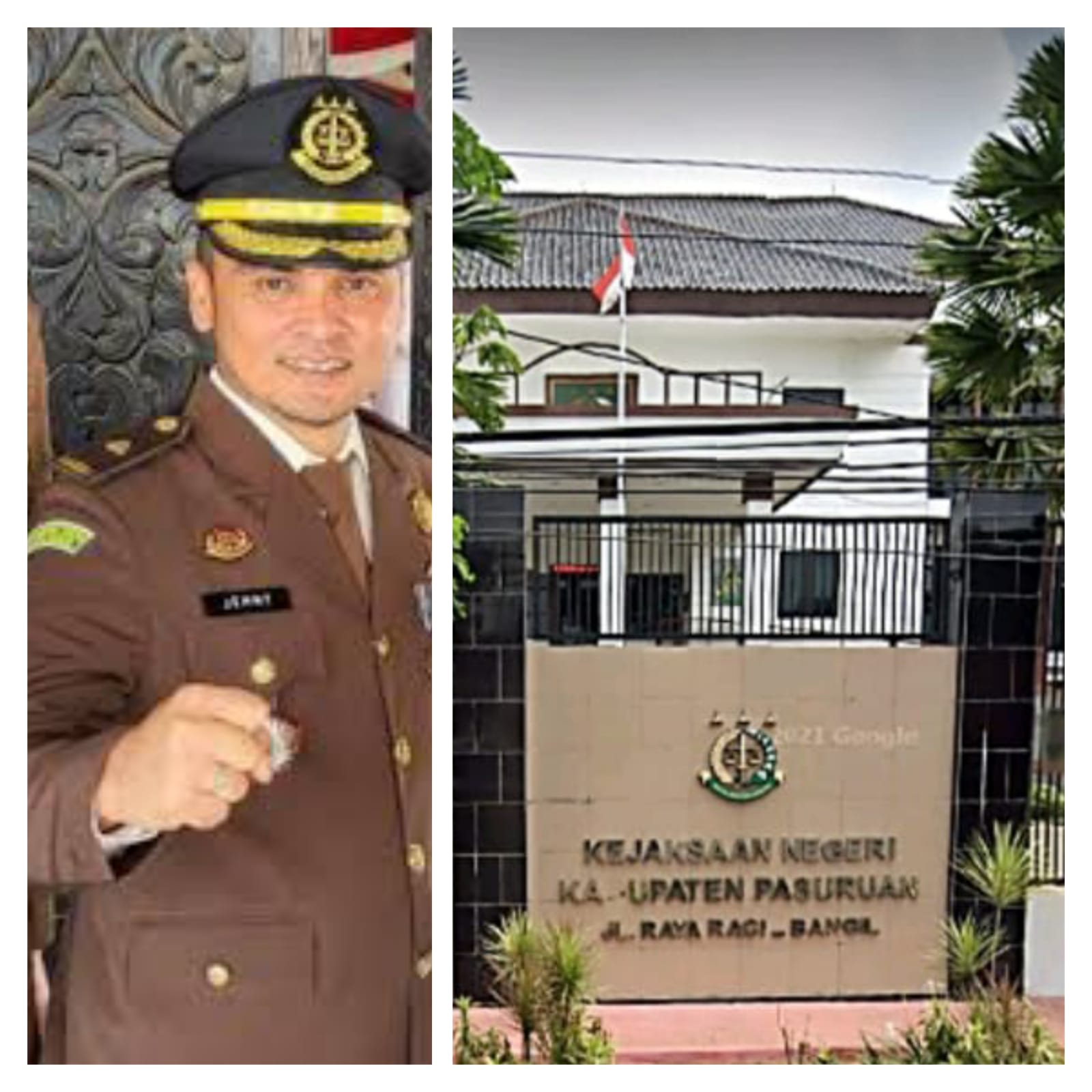 Kolase Ketua Tim JPU Kejari Pasuruan Jemmy Sandra dan gedung Kejari Pasuruan.